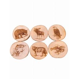 Engraved Birch Log Slice Coasters North American Wildlife 3 1/2"-4 1/2" Diameter Set of Six