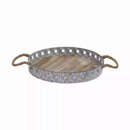 16" Rustic Round Grey Wash Metal and Wood Tray