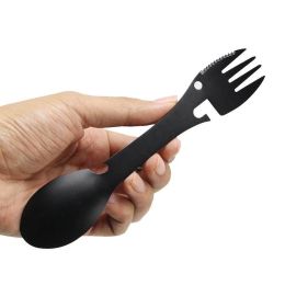 Camping Fork Spoon Multi Function Spoon 5 In 1 Integrated Fork Spoon Outdoor Fork Spoon Picnic Cutting Knife Bottle Can Opener (Color: Black)