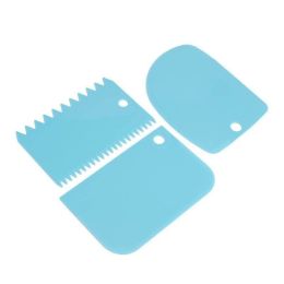 3Pcs Plastic Dough Knife Icing Fondant Scraper Jagged Edge Plain Smooth Cake Paddle Cake Spatulas (Color: Blue)