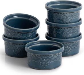 FE Ramekins, Lace Emboss Ramekin 8 oz Oven Safe, Creme Brulee Set of 6, Ceramic Souffle Dish for Baking Dessert and Cake (Color: Green)